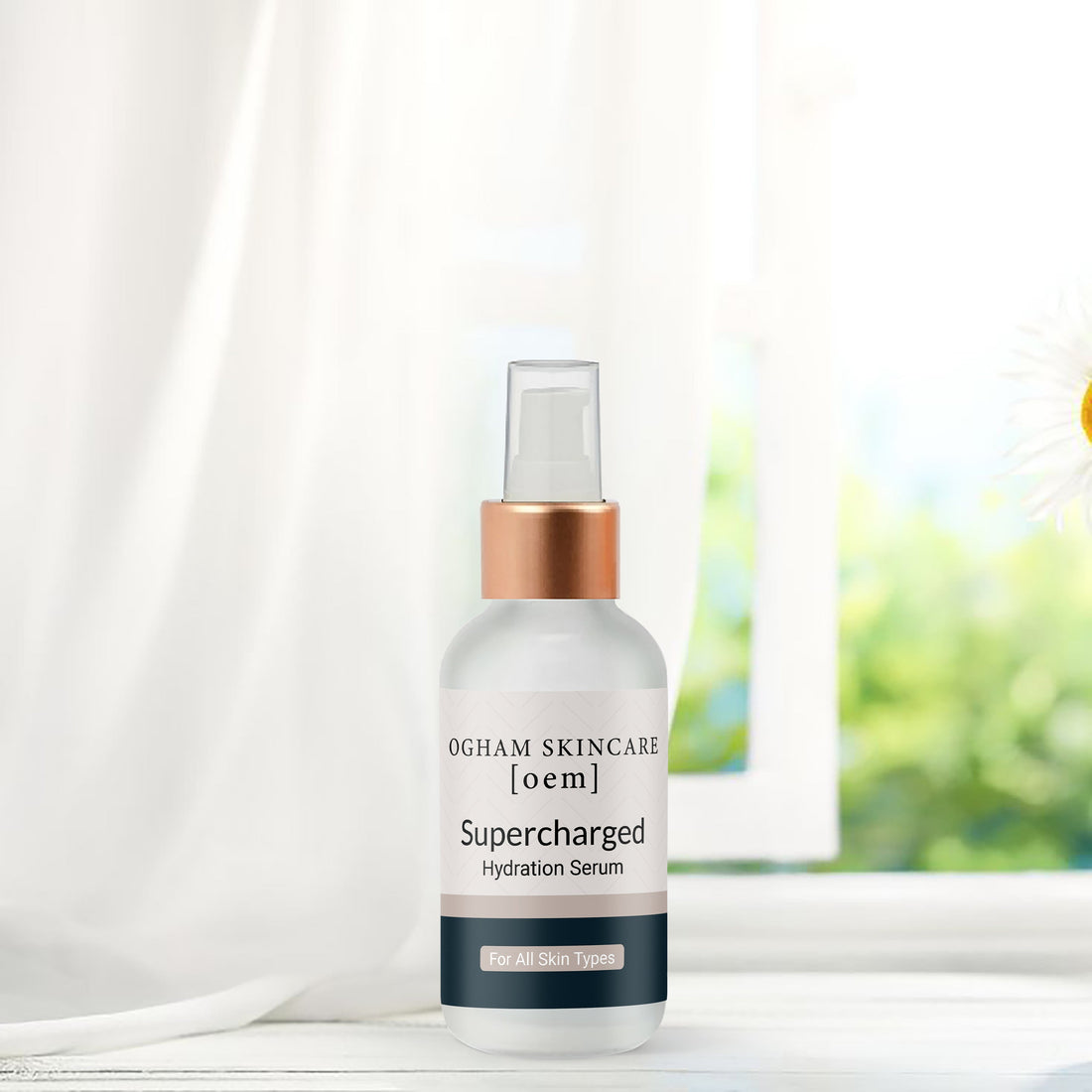 Bottle of supercharged serum on window ledge with curtain in background