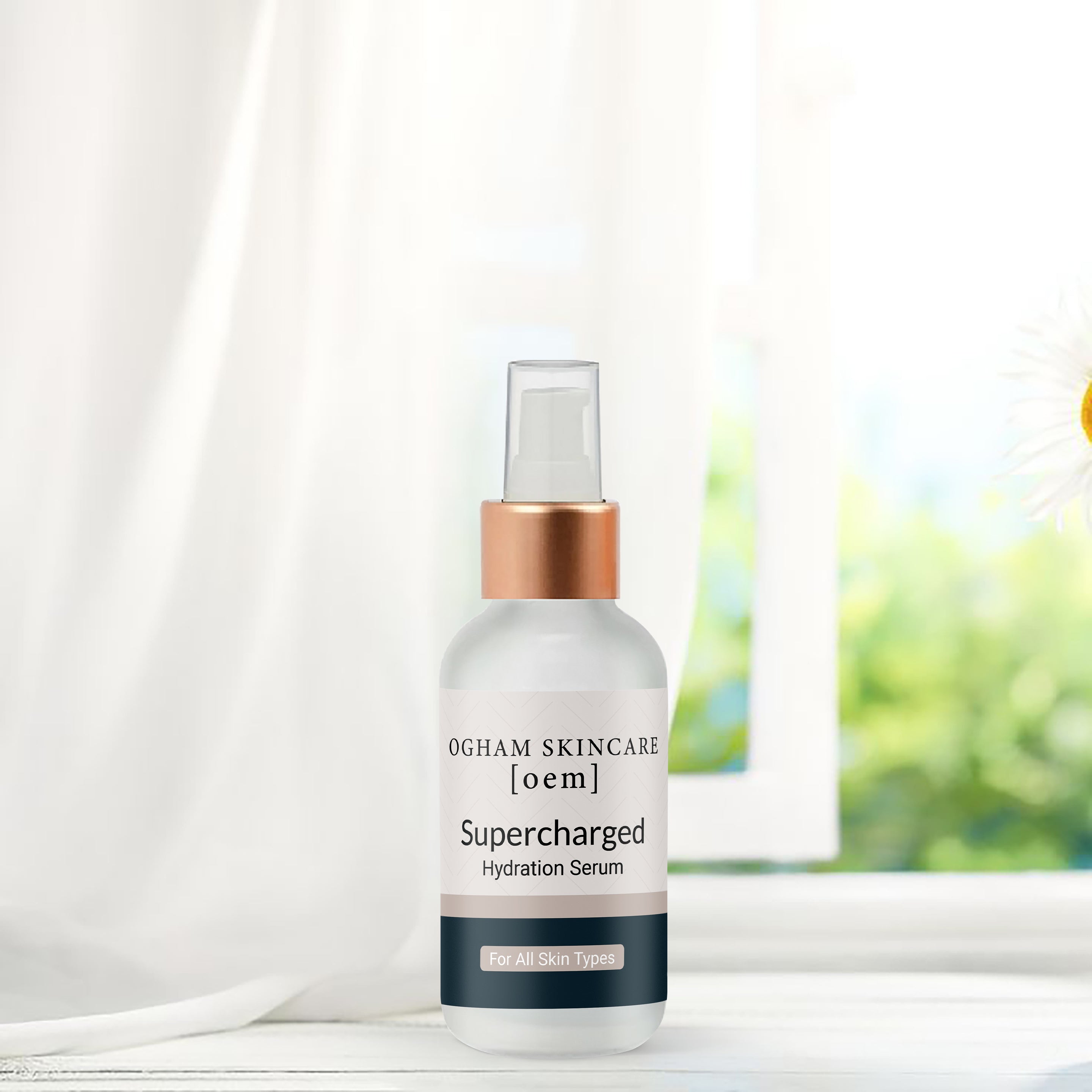 Bottle of supercharged serum on window ledge with curtain in background